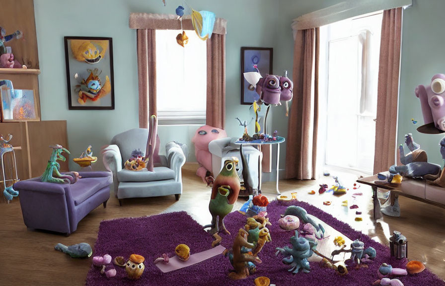 Vibrant animated monsters celebrate in chaotic living room