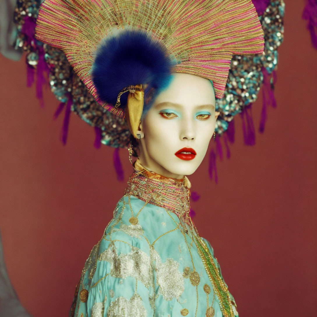 Avant-garde makeup and headpiece on model against red backdrop