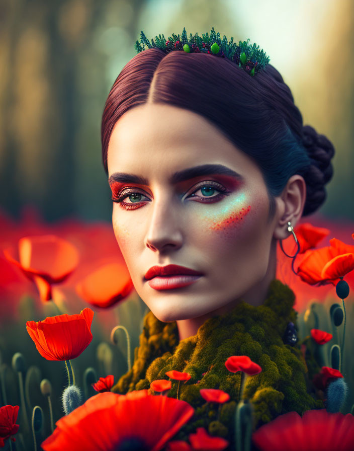Woman with Striking Makeup and Greenery Crown Among Red Poppies