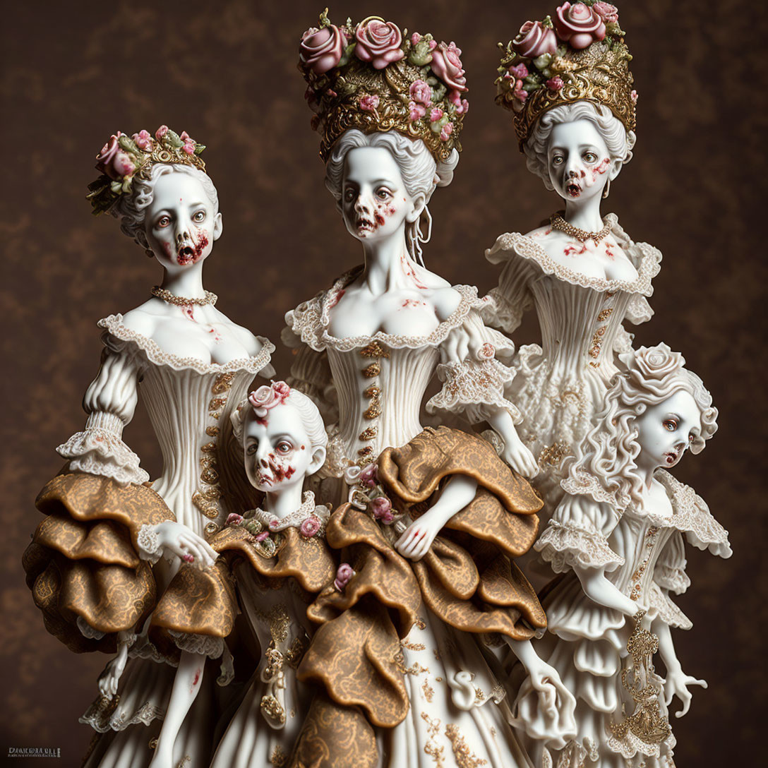 Four ornate skeletal figures in vintage-style gowns with gold and white colors.