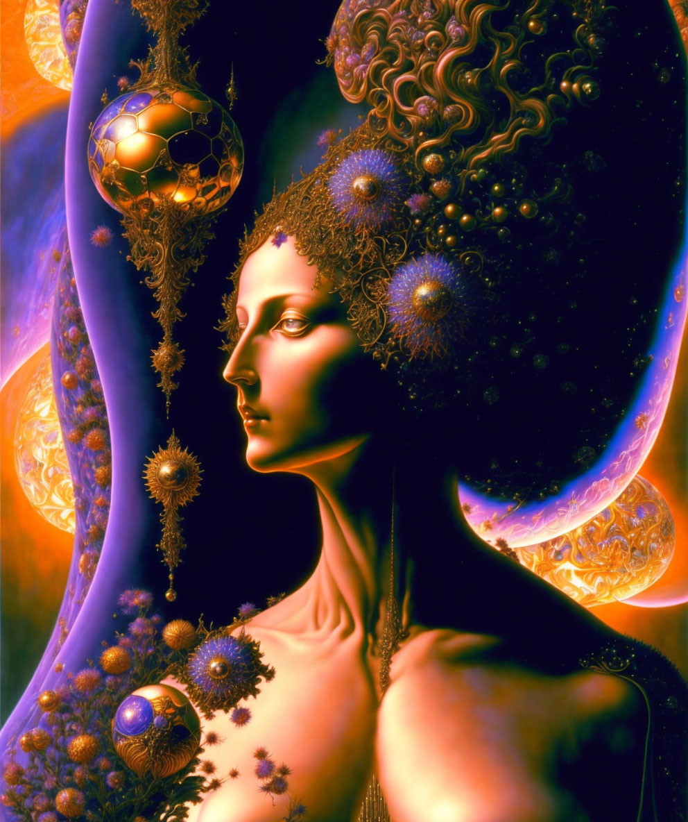 Vibrant surreal portrait of a woman fused with cosmic elements