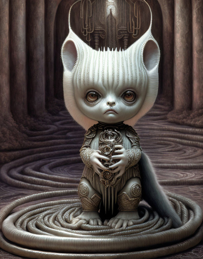 Whimsical creature with expressive eyes on spiral patterned ground surrounded by gothic-inspired details