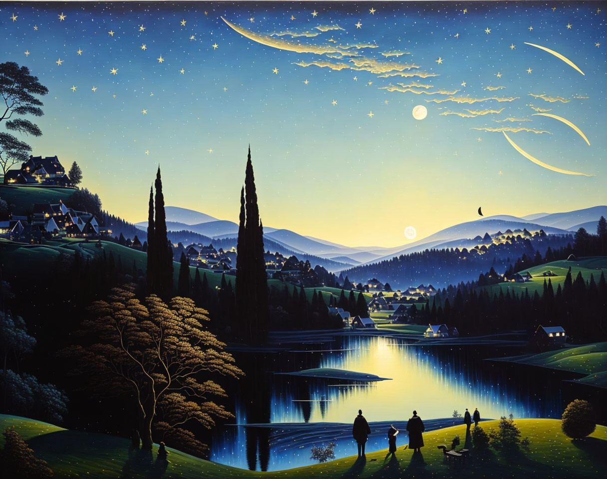 Nighttime Landscape with Village, Hills, Lake, Trees, and Starry Sky
