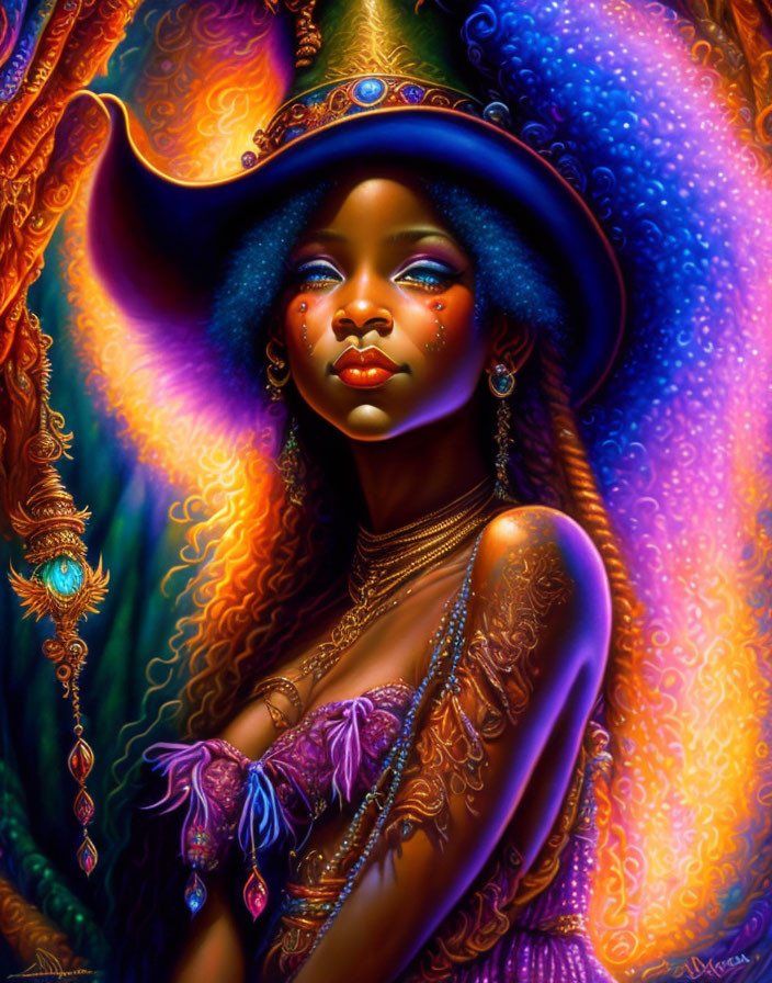 Colorful Portrait of Person with Dark Skin in Ornate Blue-Purple Hat and Jewelry