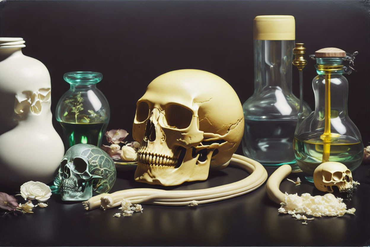 Dark still life with human skull, animal skulls, snake skeleton, glass bottles, and white flowers.