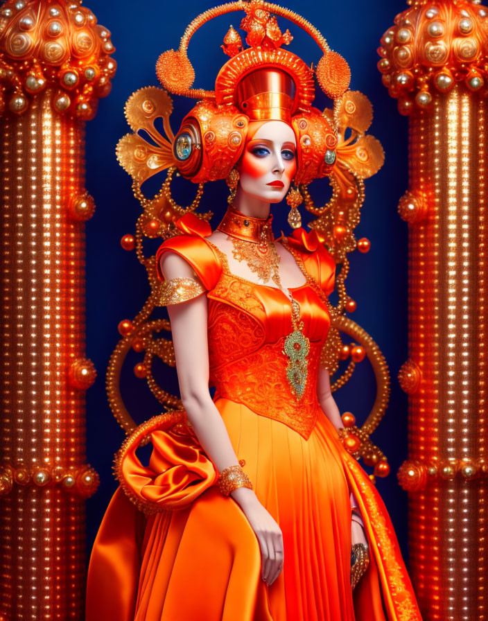 Woman in ornate orange couture with towering headpiece against blue background and golden ornamental columns