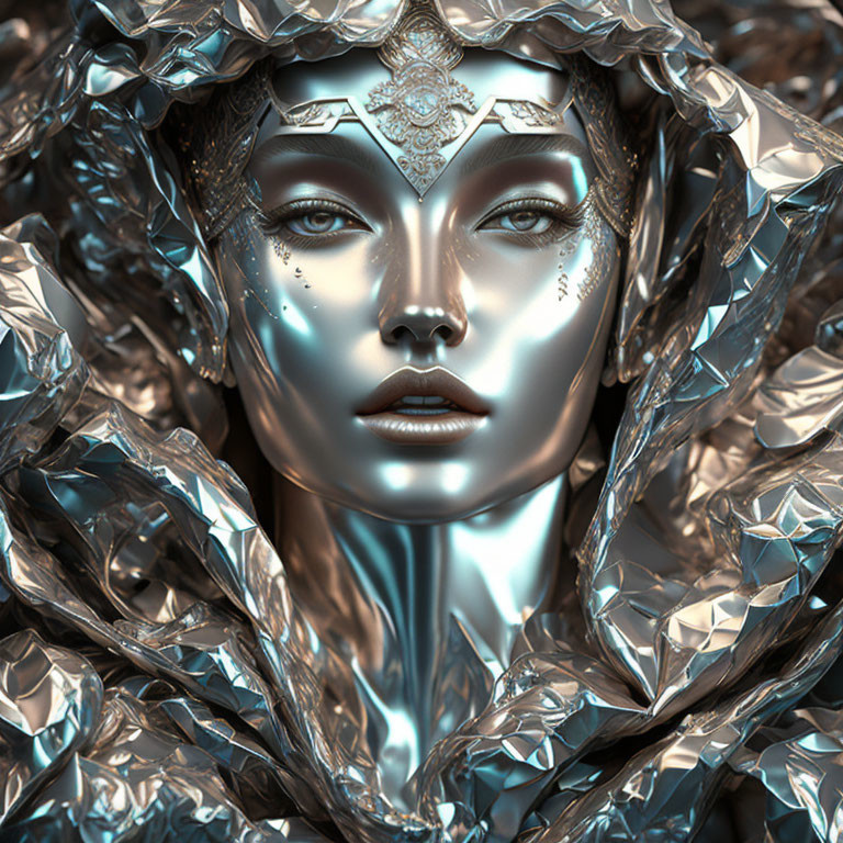 Detailed digital artwork featuring woman with metallic skin and crystal-like structures.