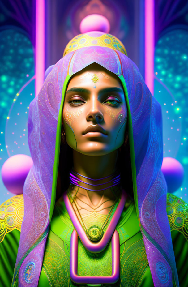 Colorful portrait of a woman with golden skin and vibrant makeup on a psychedelic background