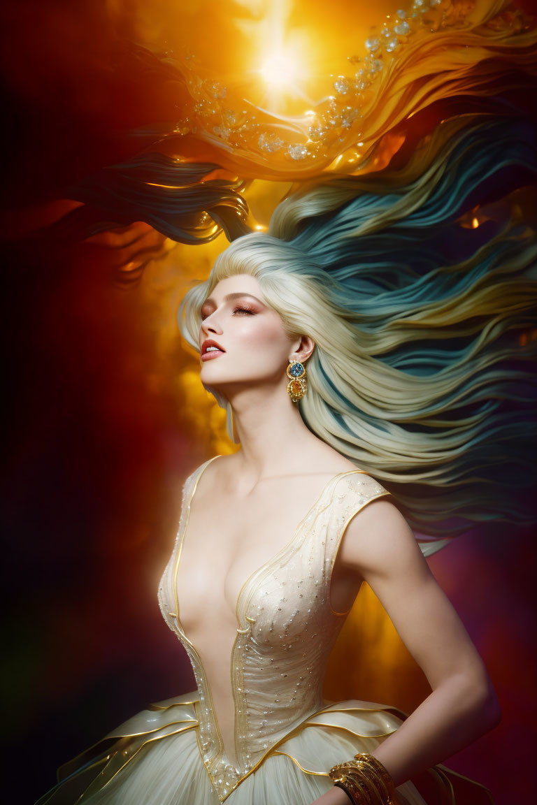 Fantastical woman in golden dress with flowing hair gazing at glowing orb