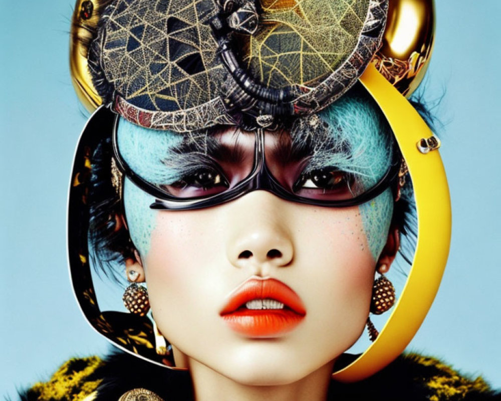 Blue-haired woman with avant-garde makeup, vibrant red lips, elaborate headpiece, and statement earrings