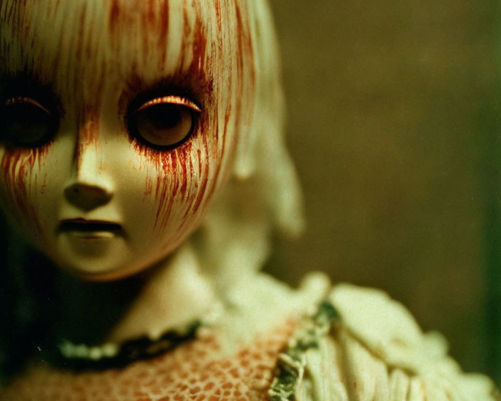 Creepy doll with blood-like stains, pale skin, vintage dress