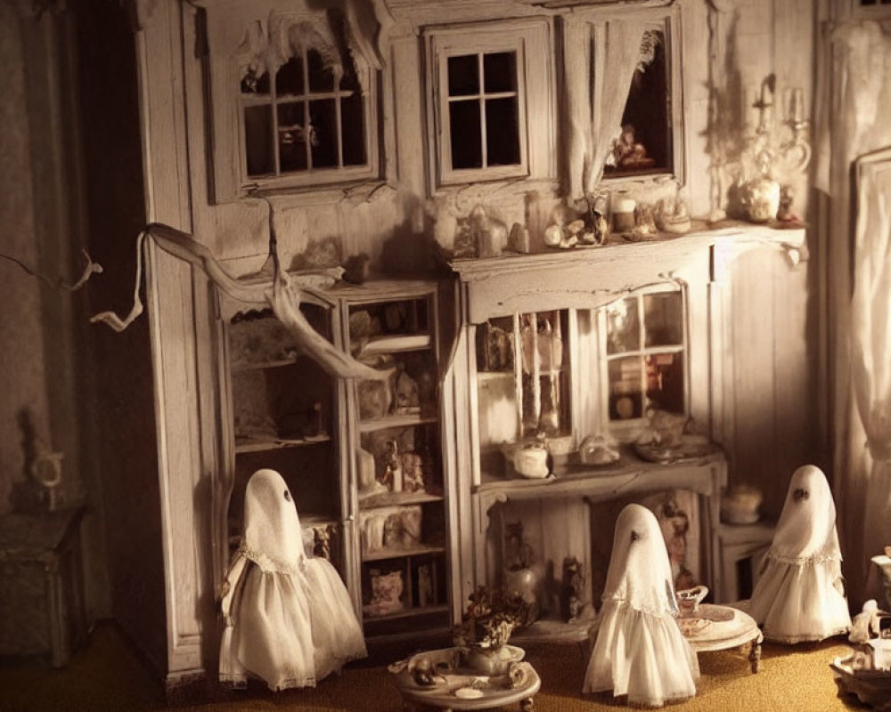 Miniature haunted room with ghost figures, cobwebs, vintage furniture