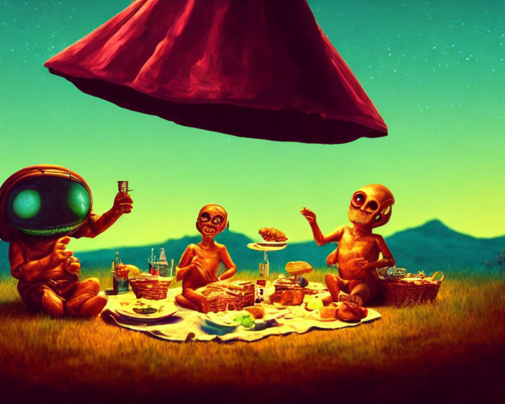Cartoonish aliens picnic with UFO in pastoral landscape at dusk