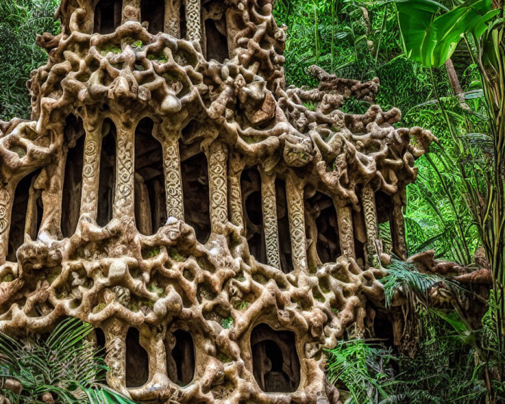 Intricate honeycomb-like structure in lush green foliage
