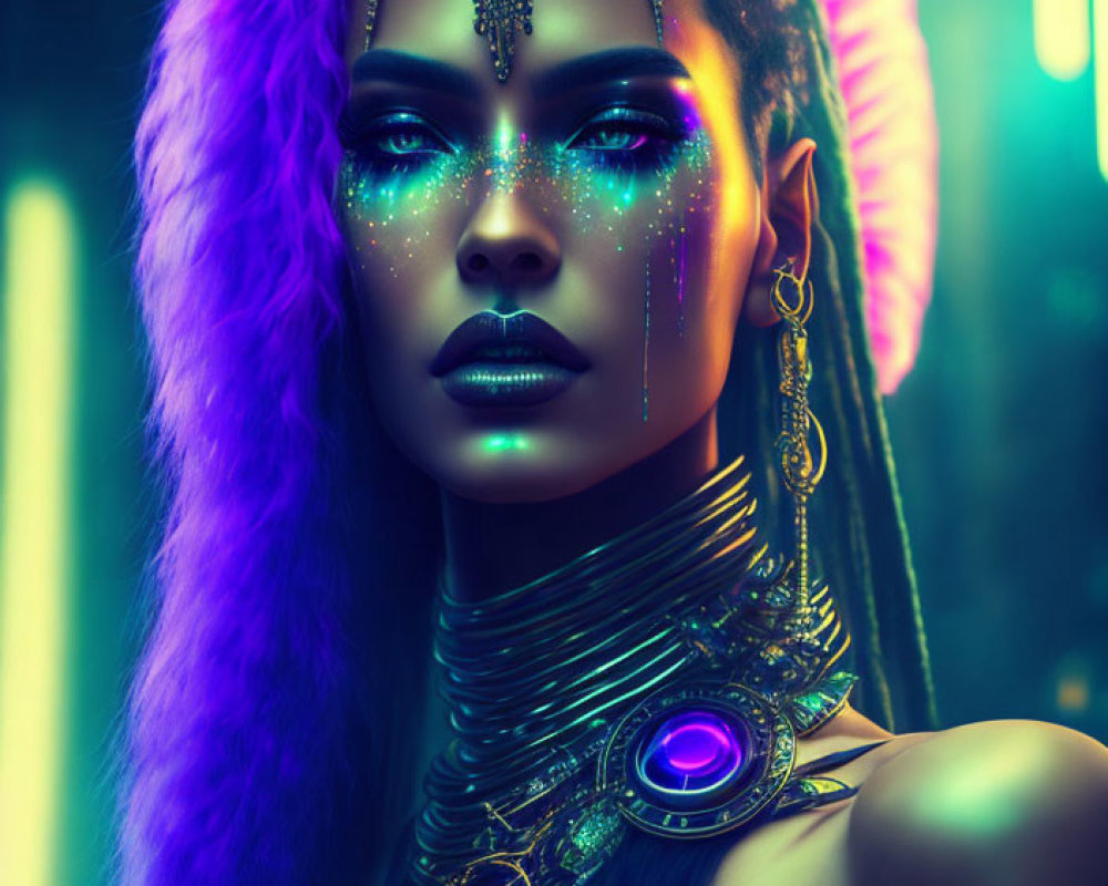 Vibrant Purple Hair and Fantasy Makeup with Futuristic Accessories