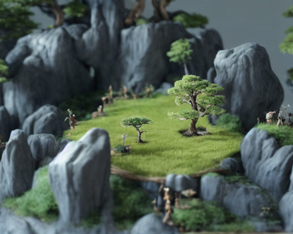 Detailed miniature landscape with green meadows, rocky cliffs, trees, and tiny figures.