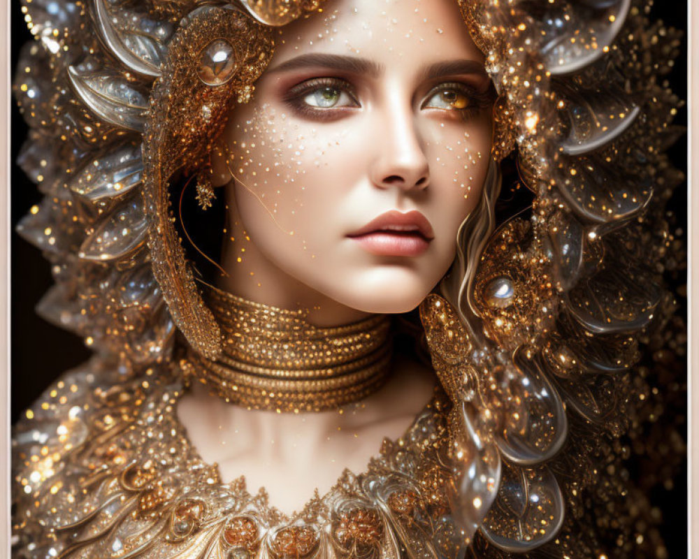 Portrait of Woman with Intricate Golden Jewelry and Pensive Expression