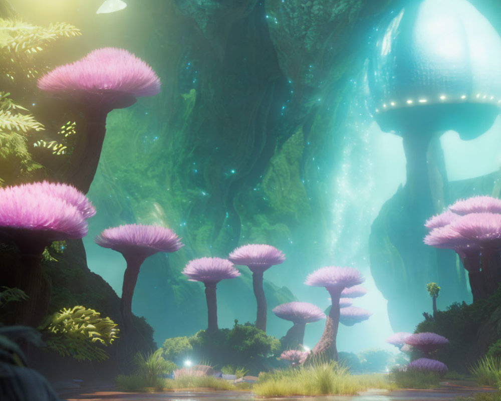 Enchanting forest with bioluminescent mushrooms and plants
