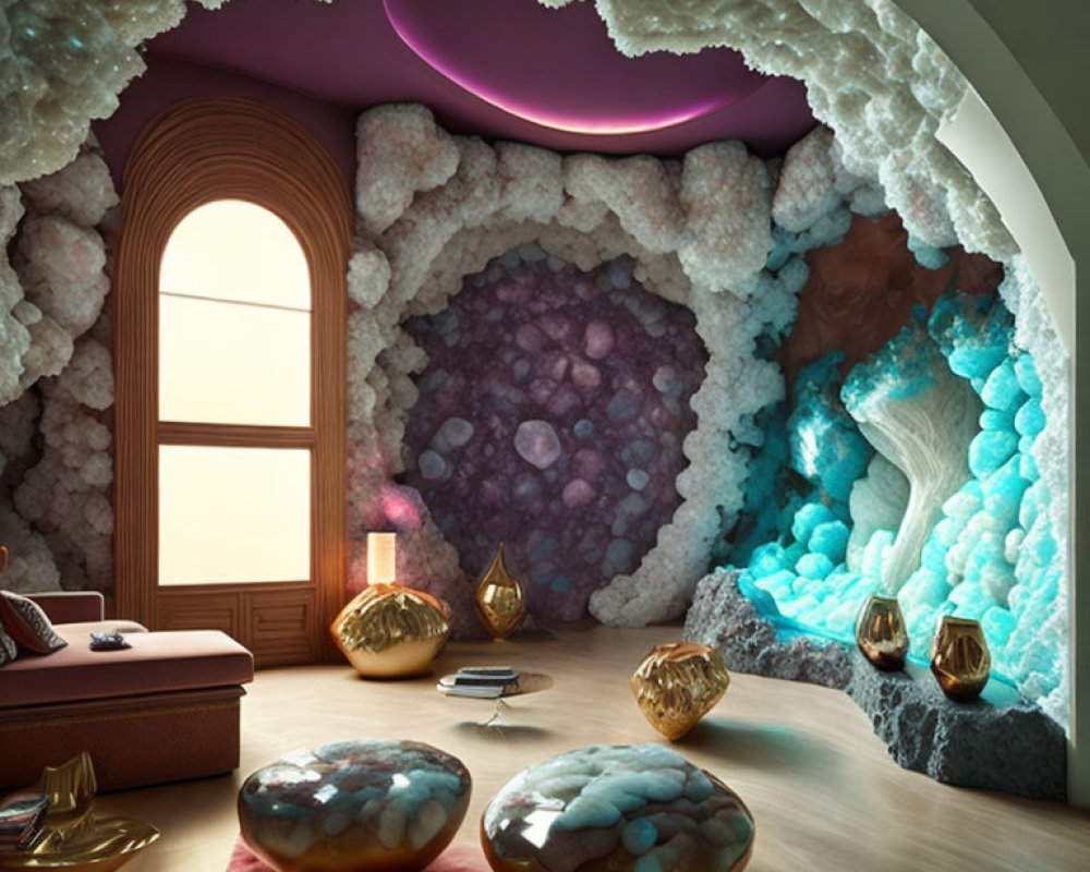 Geode-inspired interior with amethyst accents and organic-shaped furniture