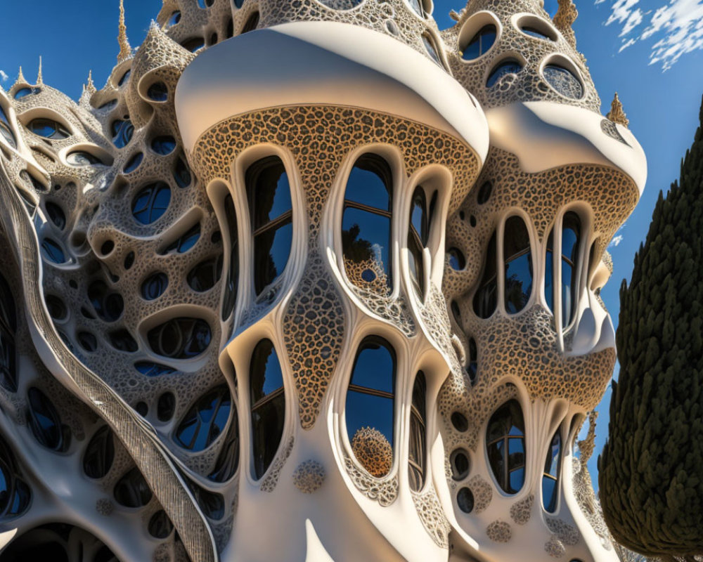 Organic-shaped futuristic building with porous walls under clear blue sky