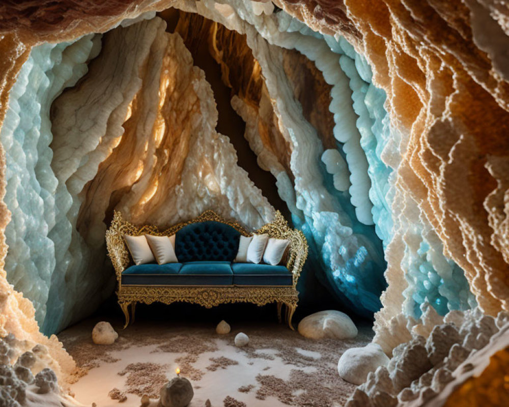 Golden Sofa in Enchanting Cave with Flowing Wax Walls