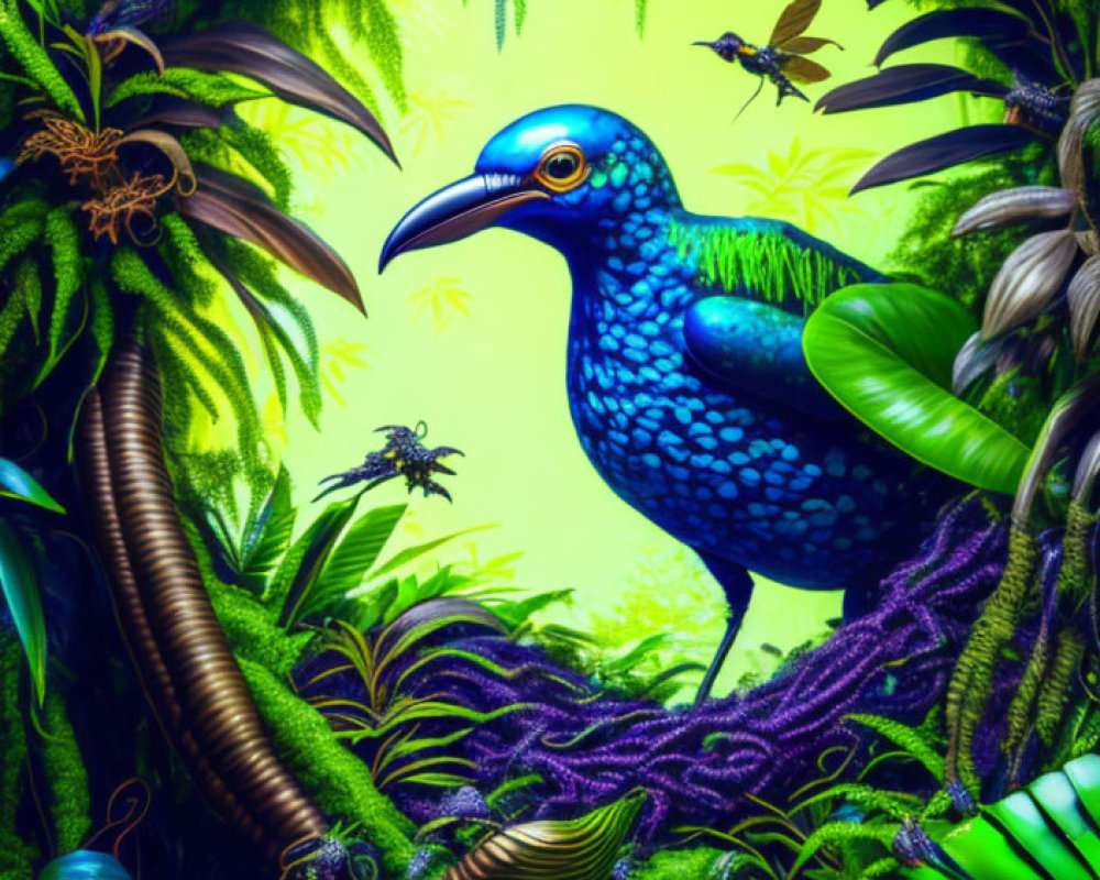 Vibrant blue bird in lush green tropical foliage under soft light