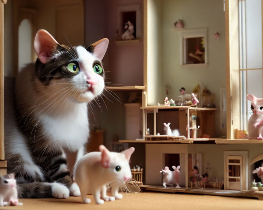 Curious Cat Observes Miniature Dollhouse with Tiny Cat Replicas