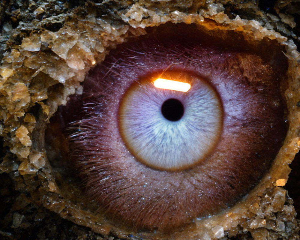 Detailed Close-Up of Human Eye with Brown Iris and Reflected Light on Rough Crystalline Text