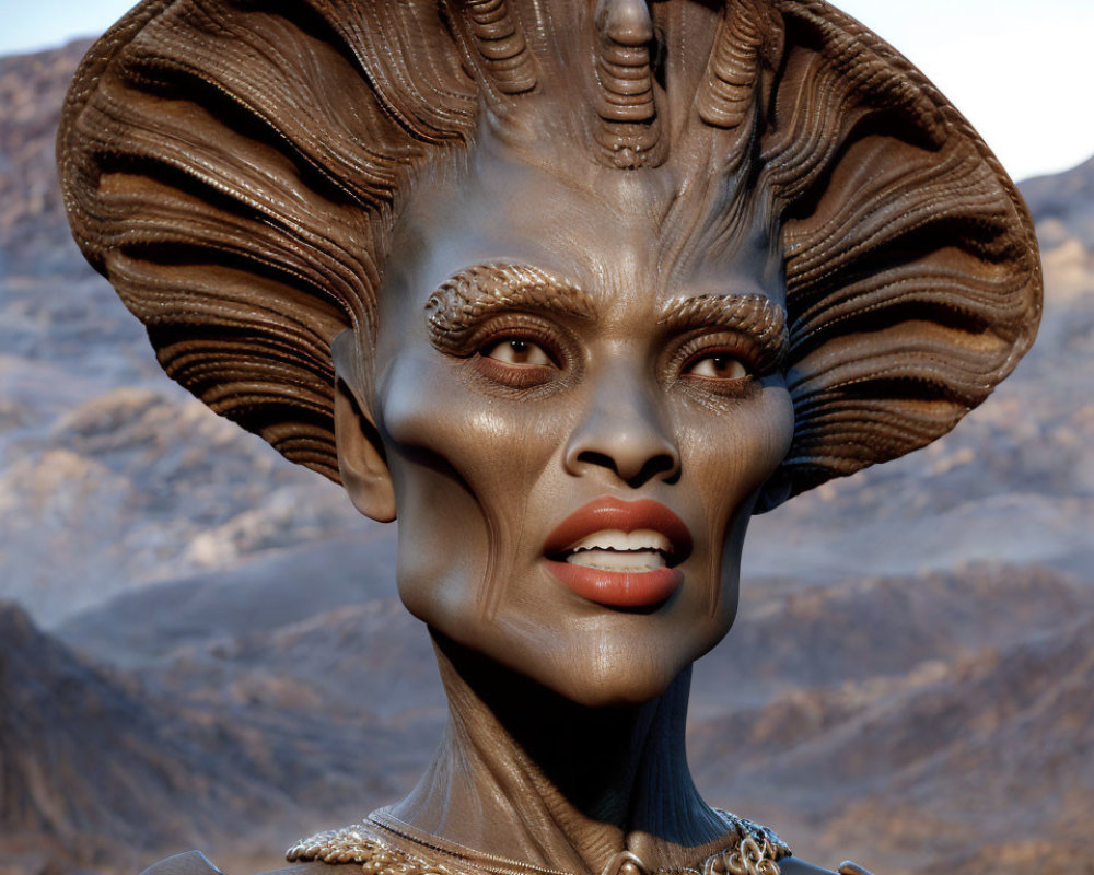Alien female 3D rendering with ornate head crest and necklace in barren landscape