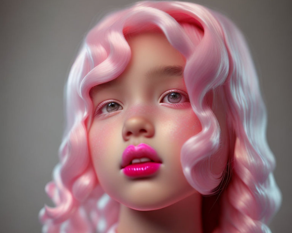 Voluminous pink and white curly hair on young girl portrait