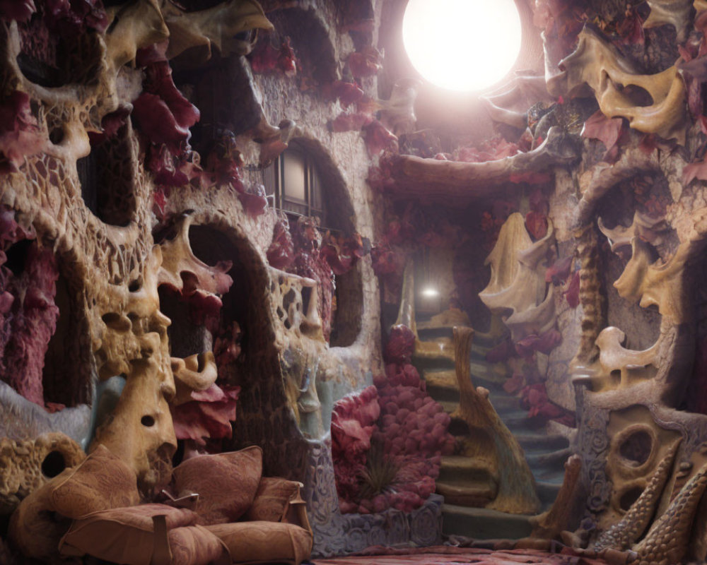 Organic surreal room with bone-like structures and pink growths
