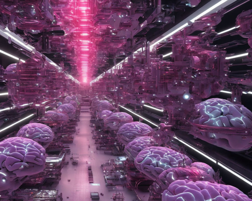 Futuristic sci-fi corridor with glowing oversized brains in pink and white lights