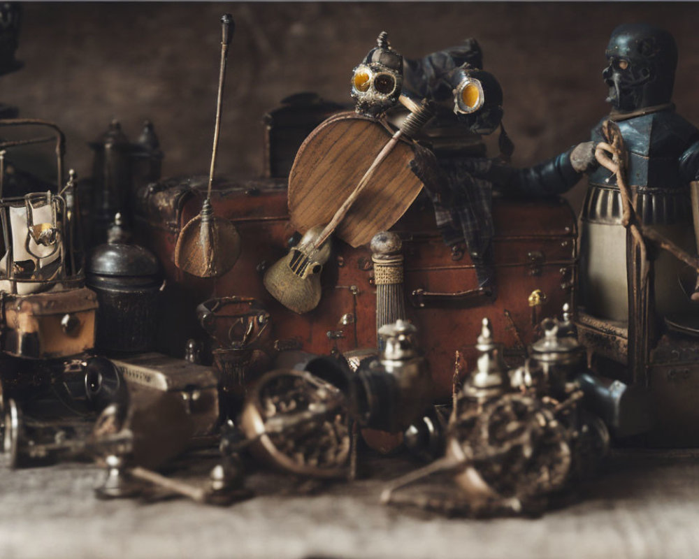Steampunk-themed vintage figurines, gears, violin, and machinery on rustic backdrop