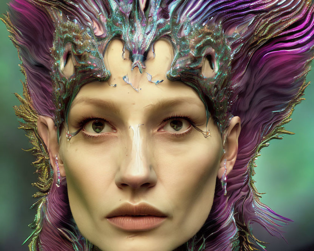 Vibrant metallic headdress and textured skin adornments on a woman