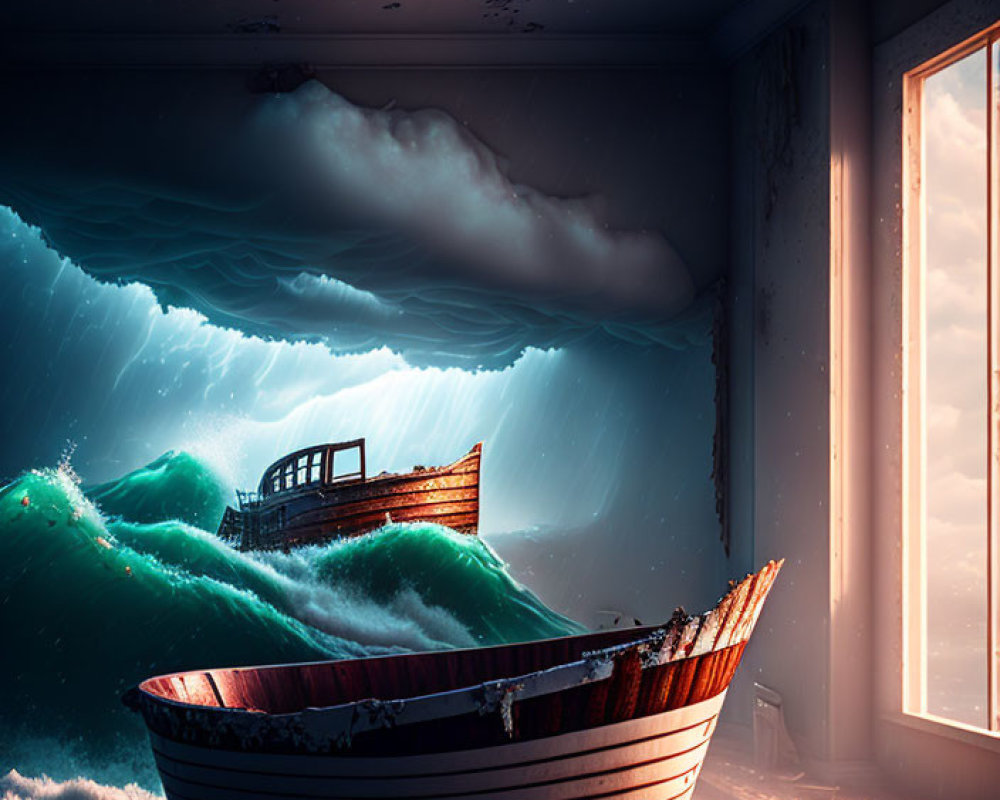 Surreal room with wooden boat and ocean waves under sunny light
