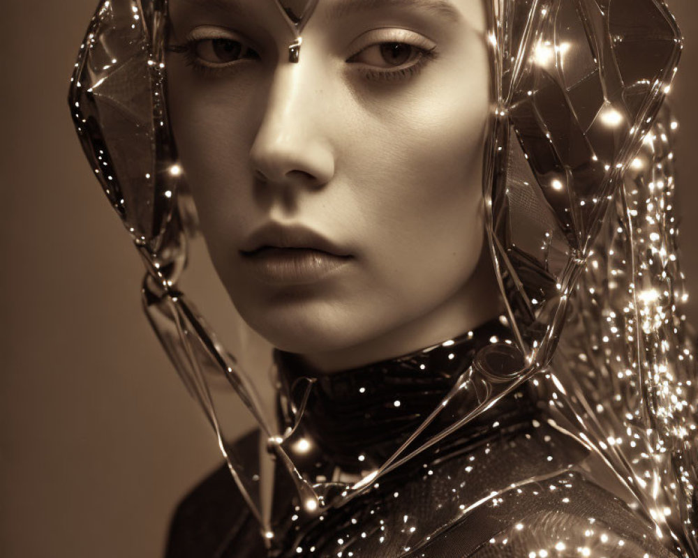 Futuristic metallic headpiece and garment with shimmering textures and geometric designs