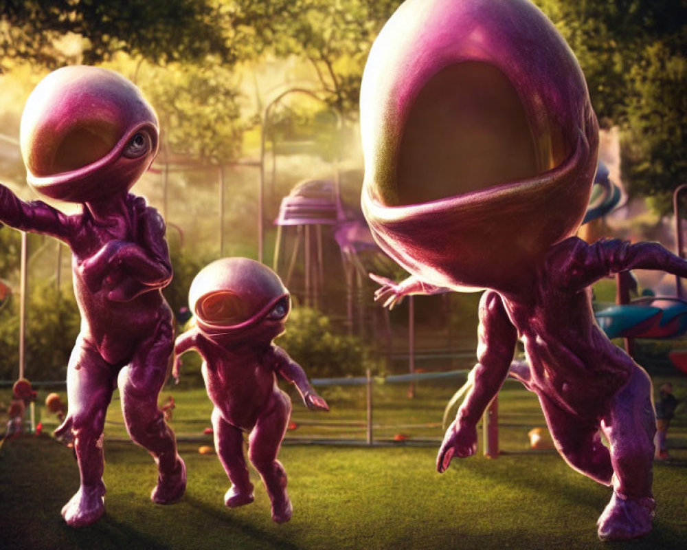 Three stylized extraterrestrial characters exploring a park with amusement rides