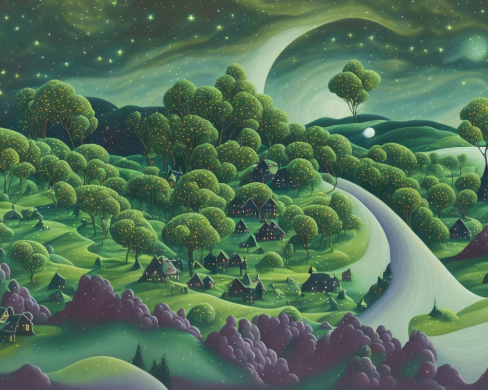 Vibrant green hills, winding river, starry skies, whimsical trees under crescent moon