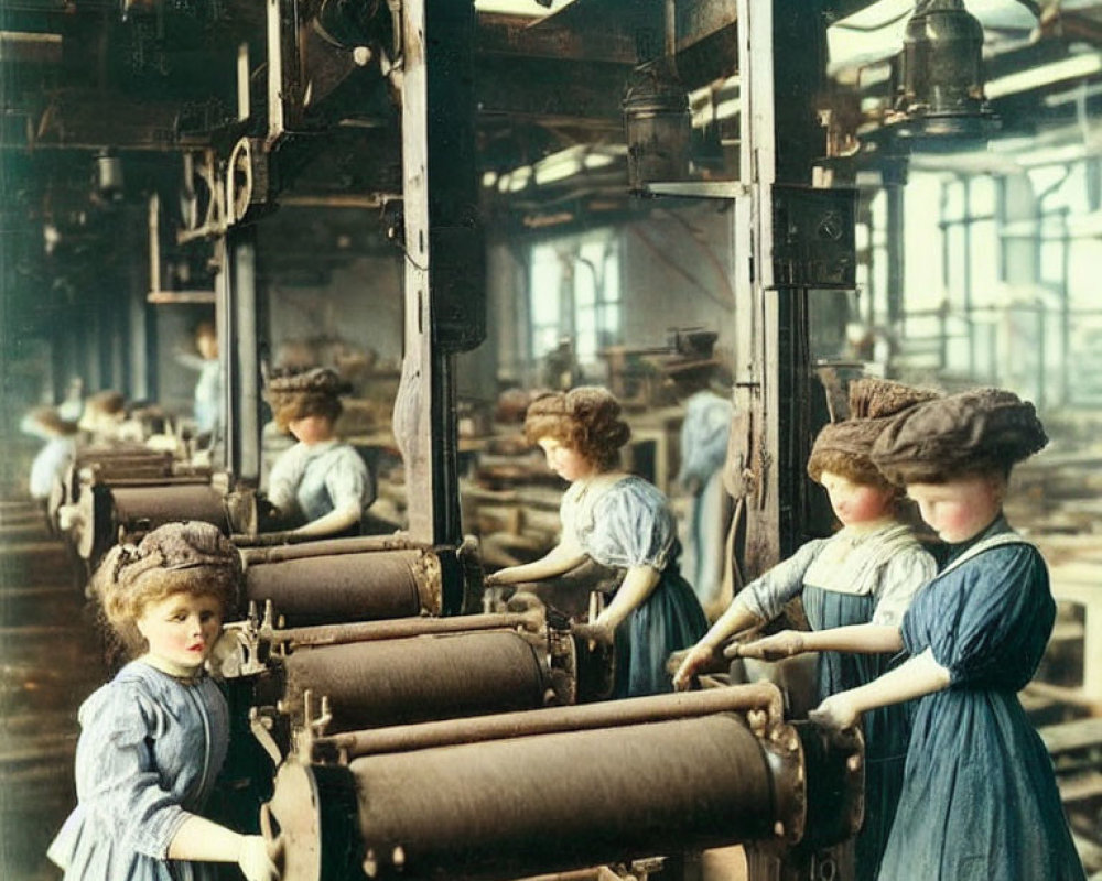 Female workers operate machinery in early 20th-century industrial setting