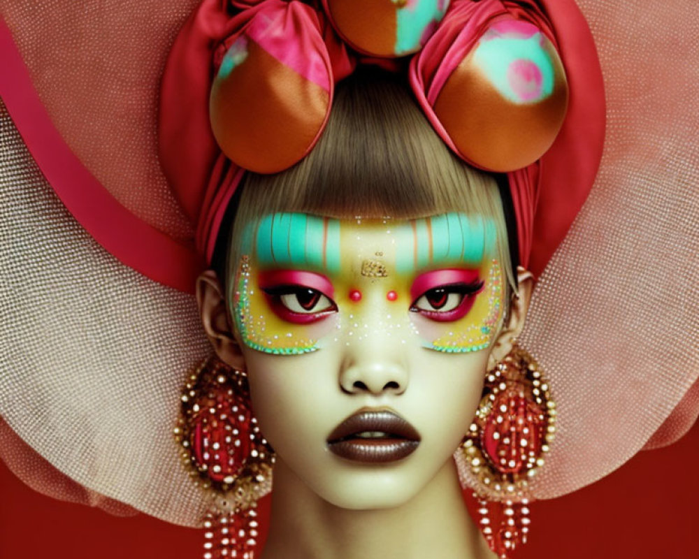 Colorful digital art portrait of a woman with extravagant makeup and ornate earrings on red background