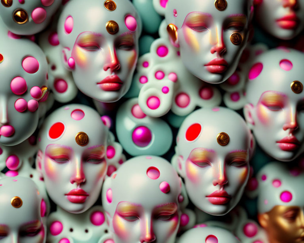 Abstract 3D-rendered female faces with colorful spheres in surreal composition