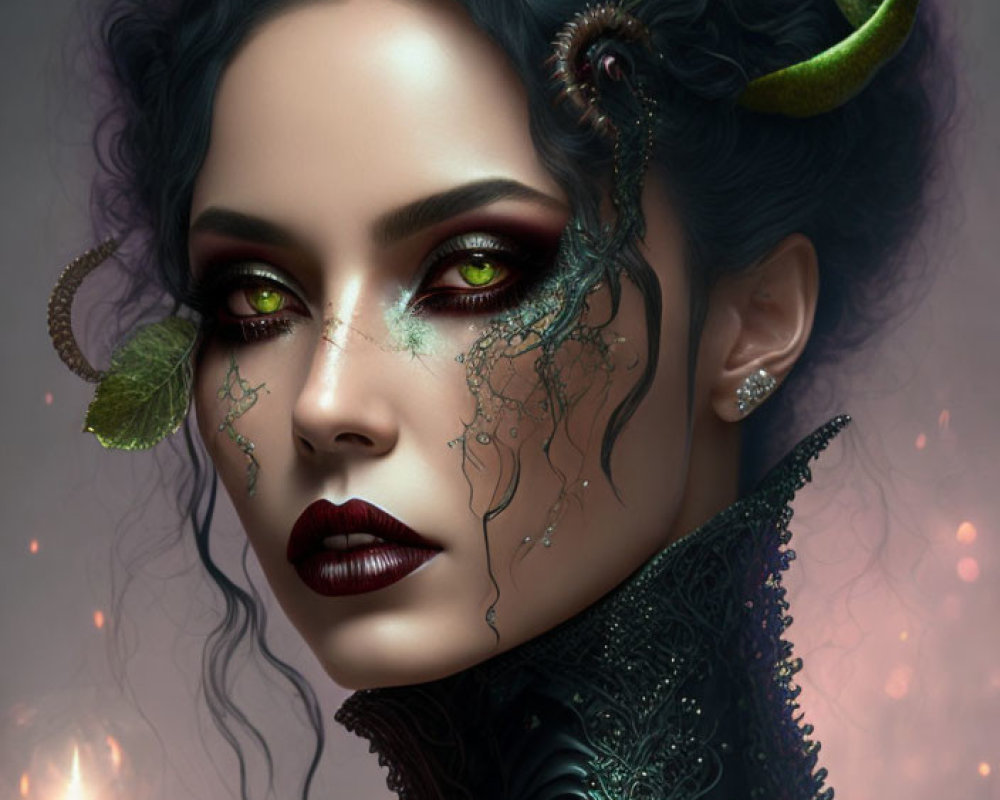 Fantasy portrait of woman with dark hair, horns, green and gold makeup, ivy accents,