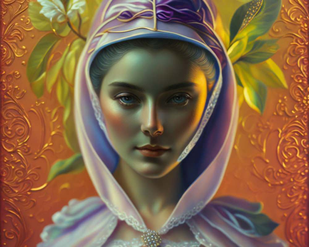 Digital painting of woman in purple hood and white dress on gold floral backdrop.