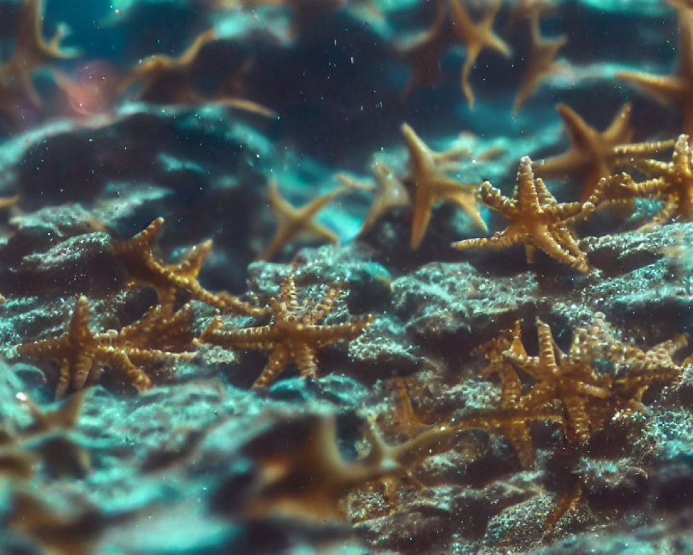 Multiple Starfish on Rocky Underwater Surface with Floating Particles in Blue Water