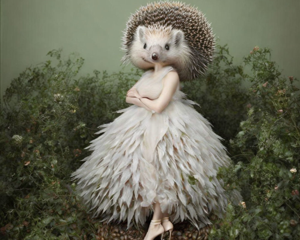 Whimsical hedgehog with human body in feathered gown among greenery