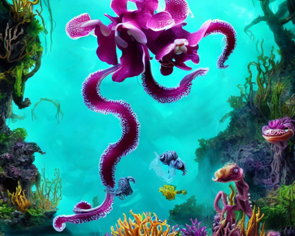 Colorful underwater scene with fantastical purple octopus-like creature