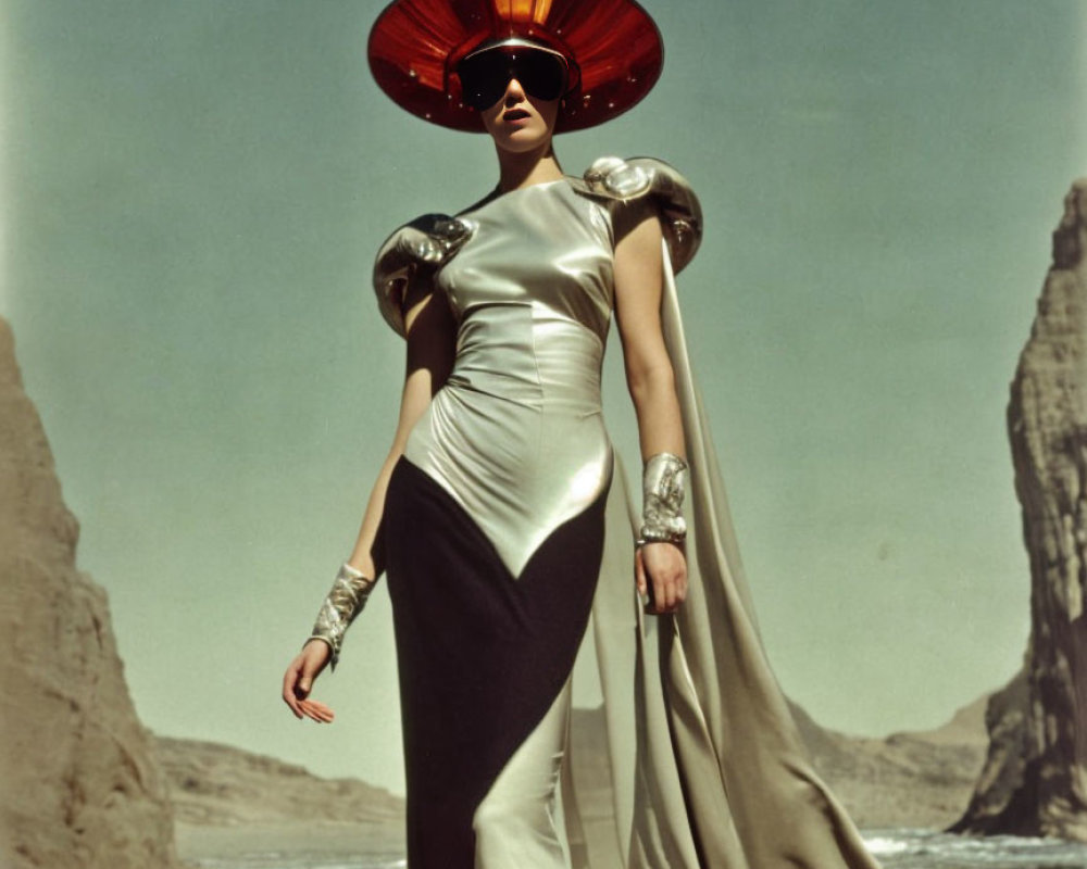 Futuristic silver costume and red sunhat on rocky beach under clear sky