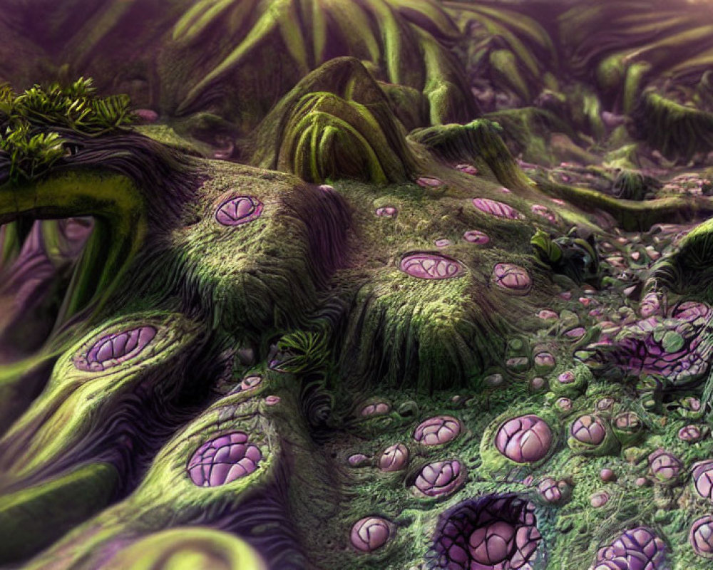 Lush green and purple fantasy landscape with eye-like structures