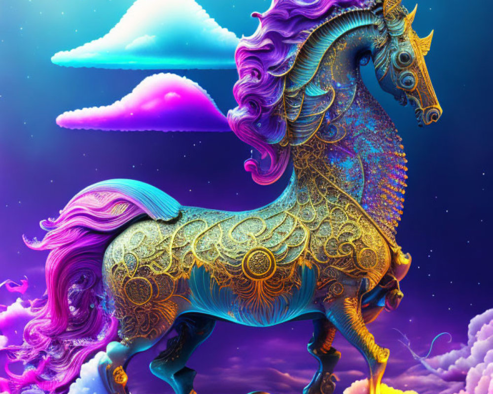 Mythical unicorn illustration with gold and blue patterns in dreamy sky
