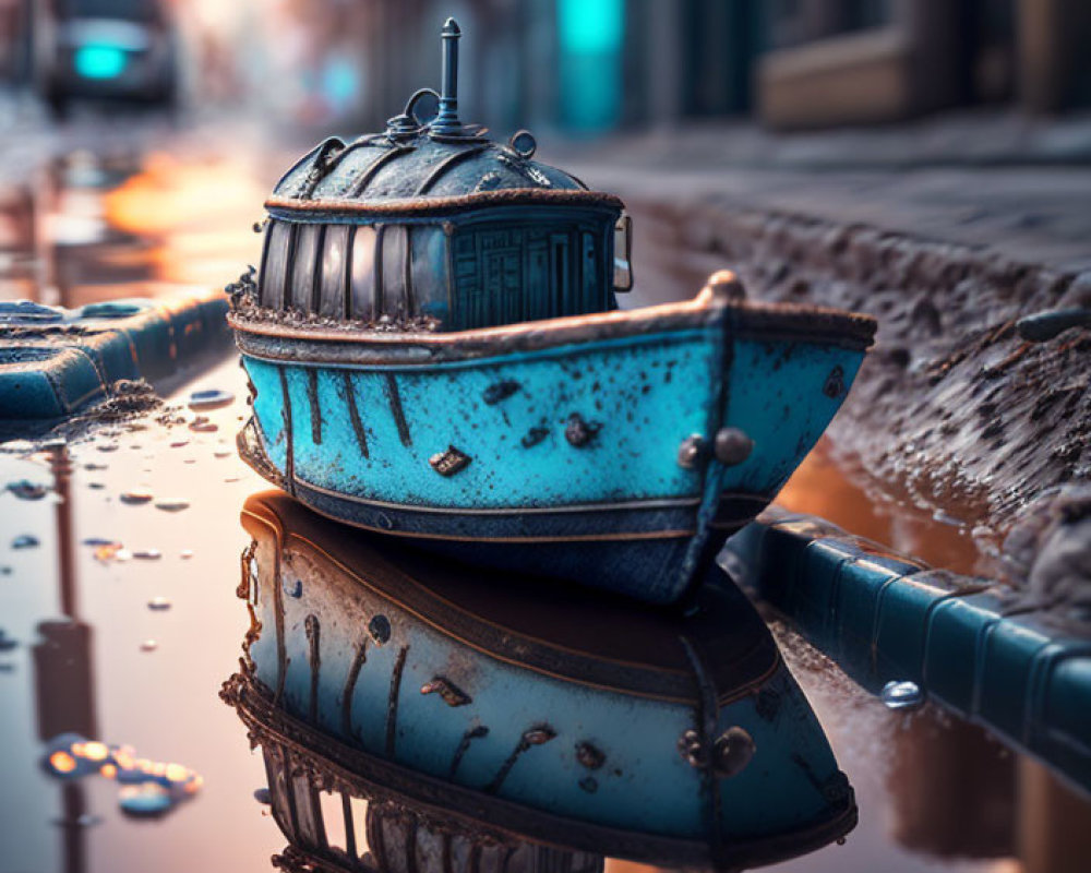 Detailed miniature ship with rust textures beside watery puddle in urban setting